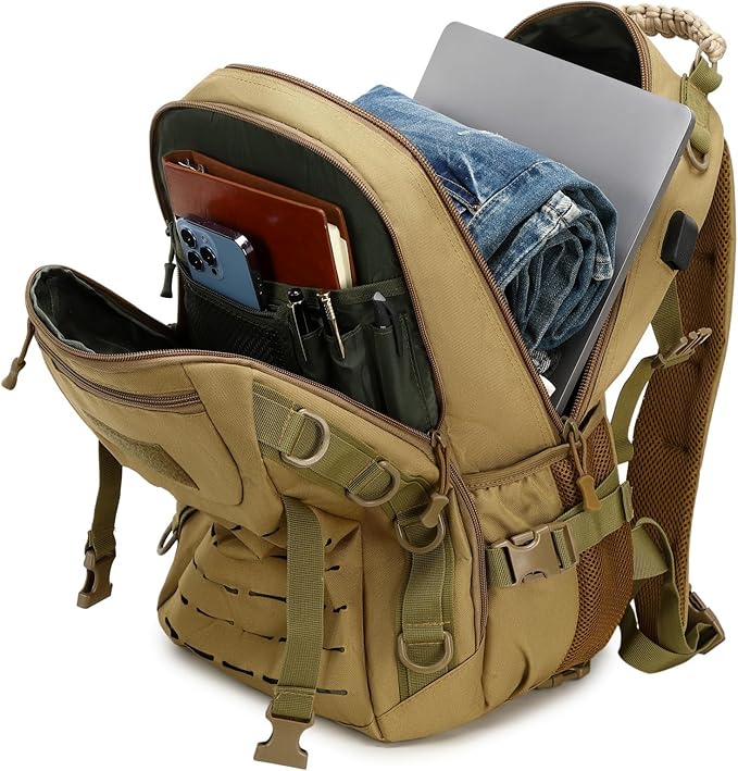 Heavy duty zipper military backpack Outdoor Tactical BackpackNylon canvas Knapsackhiking camping travel Backpack 3-day backpackwater resistantt (01#khaki)