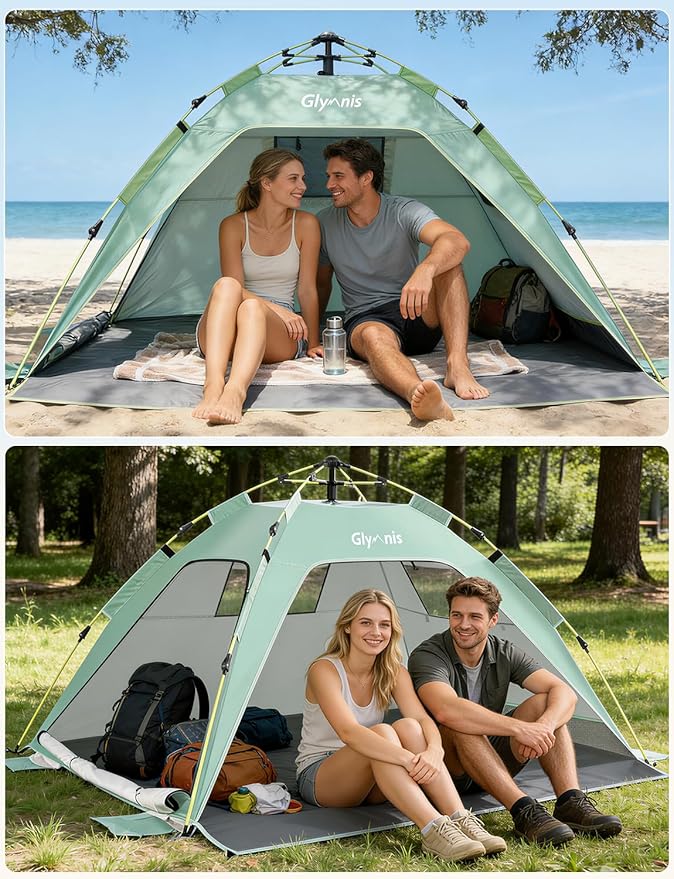 Glymnis Pop Up Beach Tent Sun Shade Shelter for 3-4 Person with UPF 50+ Lightweight &amp Easy Setup Vent Windows &amp Zippered Door Extended Floor Family Instant Beach Tent