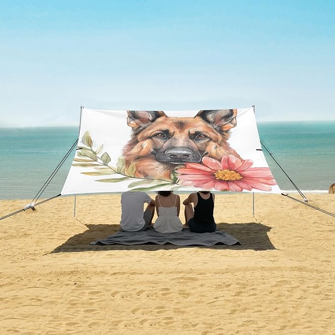 ALAZA Watercolor German Shepherd Dog and Flower Beach Tent Sun Shelter Portable Canopy Sunshade for Outdoor Camping Picnics Backyard Fun 10x9 ft