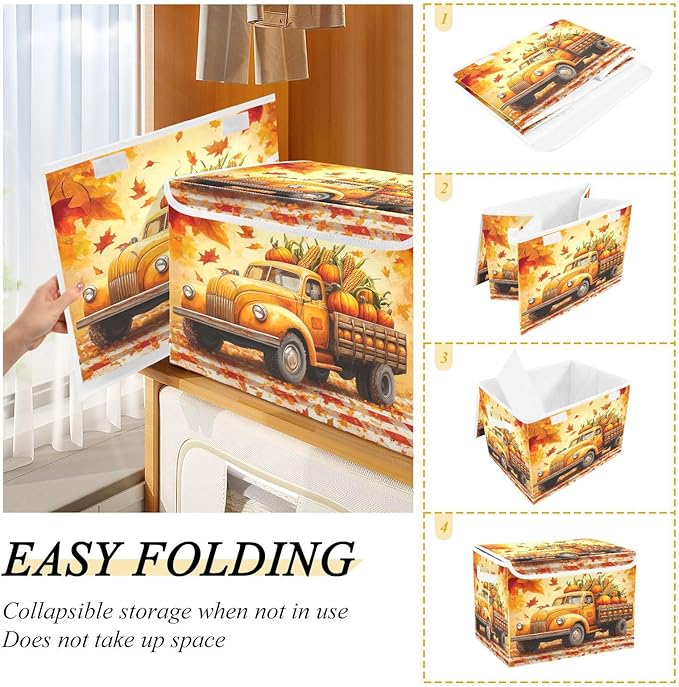 Collapsible Storage Bins with Lids Decorative Fabric Storage Cubes Closet Organizer and Storage Basket Boxes Containers for Clothes Box Chest Folding Rectangle Fall Thanksgiving Pumpk