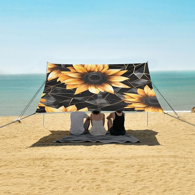 ALAZA Golden Polygonal Shape Watercolor Sunflower on Black Beach Tent Sun Shelter Portable Canopy Sunshade for Outdoor Camping Picnics Backyard Fun 10x9 ft