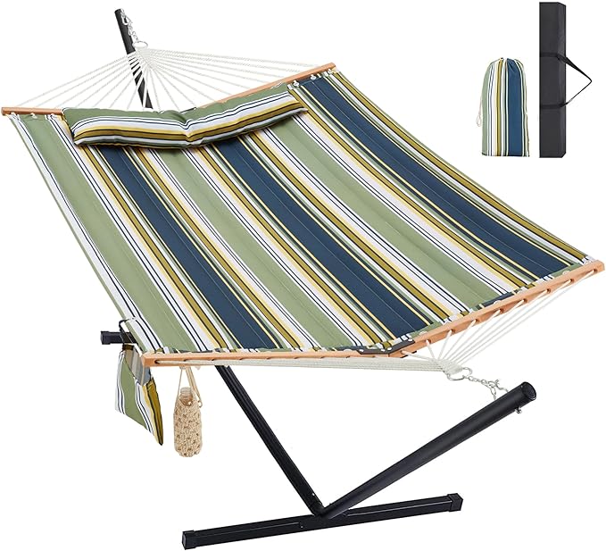 Homgava Two Person Hammock with Stand for Outside Heavy Duty Outdoor Patio Hammock with Portable Steel Stand Large Double Hammocks480lbs Capacity.(Grey Stripes)