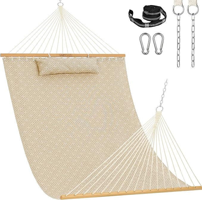 Lazy Daze Hammocks 12 FT Sunbrella Fabric Hammock not Fading with Spreader Bars and Free Pillow Fits for 2 Persons All Weather and Fade Resistant for Patio Yard 450 lbs Capacity Meander Wren