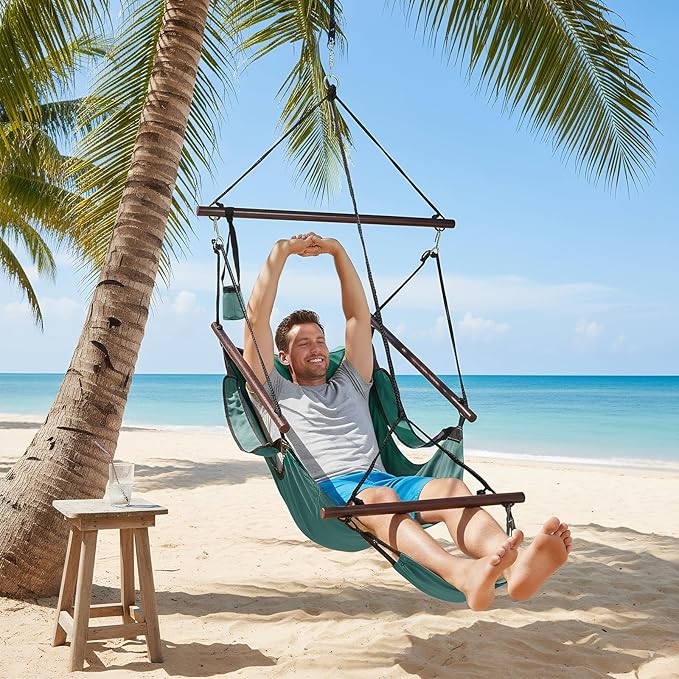 ONCLOUD Upgraded Unique Hammock Hanging Sky Chair Air Deluxe Swing Seat with Rope (Green)