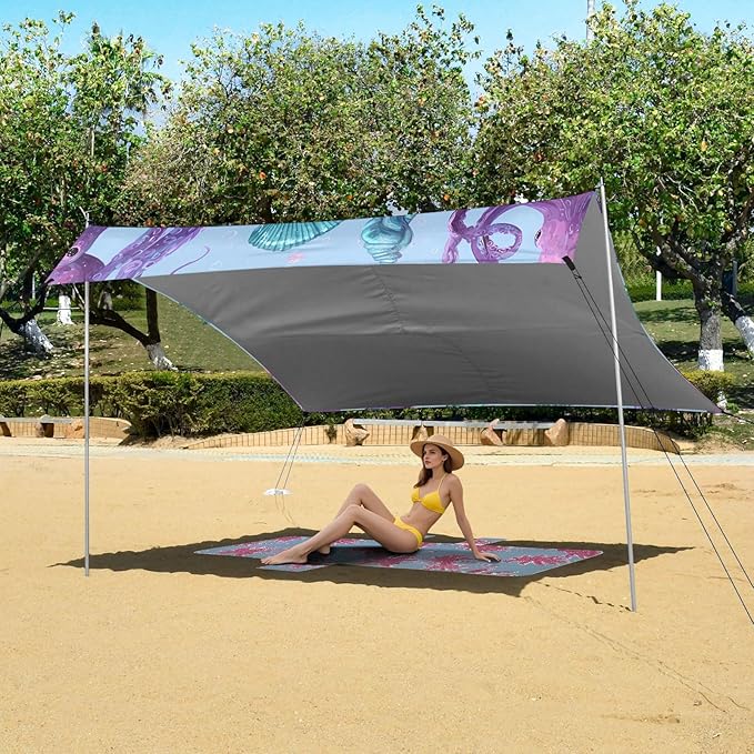 ALAZA Octopus Shell Beach Tent Sun Shelter UPF50+ Protection Beach Shade Canopy w/ 4 Sandbags for Outdoor Camping Fishing Backyard Fun Picnic 10x9 ft