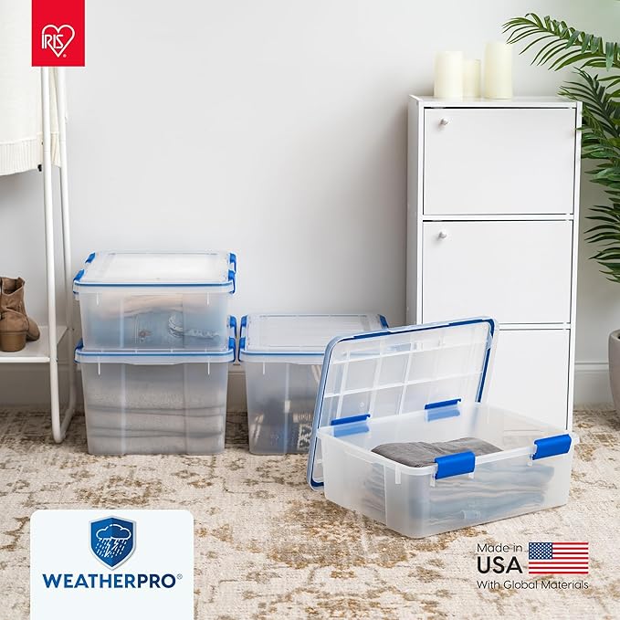 IRIS USA WeatherPro 16 Qt Storage Bins with Lids 3 Pack BPA-Free Plastic Gasket Box with Tight Latch and Seal Stackable Nestable Tote Tub - Clear/Blue