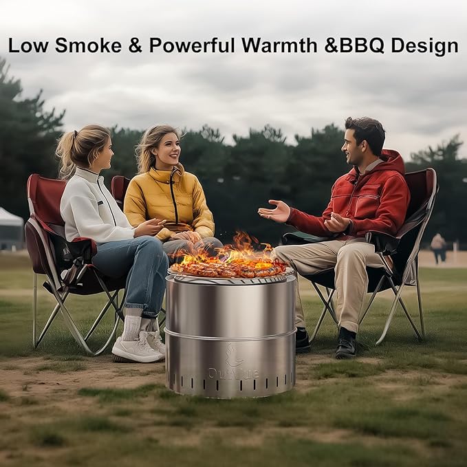 OutVue 15.5 inch Stainless Steel Smokeless Fire Pit with Grill Outdoor Smokeless Firepit Wood Burning Fire Pits for Camping Bonfire Low Smoke Firepit for Outside (Vertical Hole)