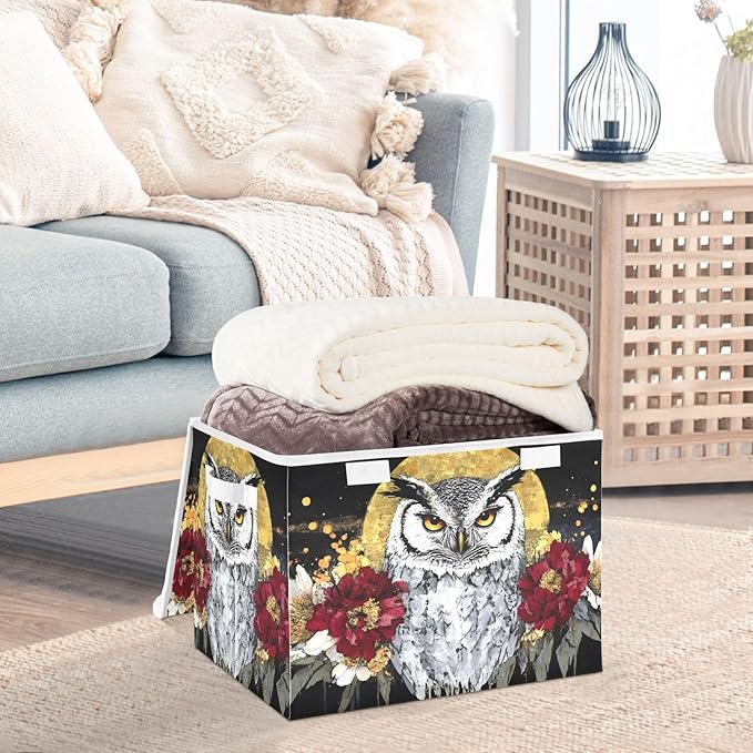 AIXIWAWA Lidded Storage Cube (Floral Owl) Fabric Foldable Closet Bins with Flip Lid and Handles Organizer Basket Container 16.5 x 12.6 x 11.8 IN