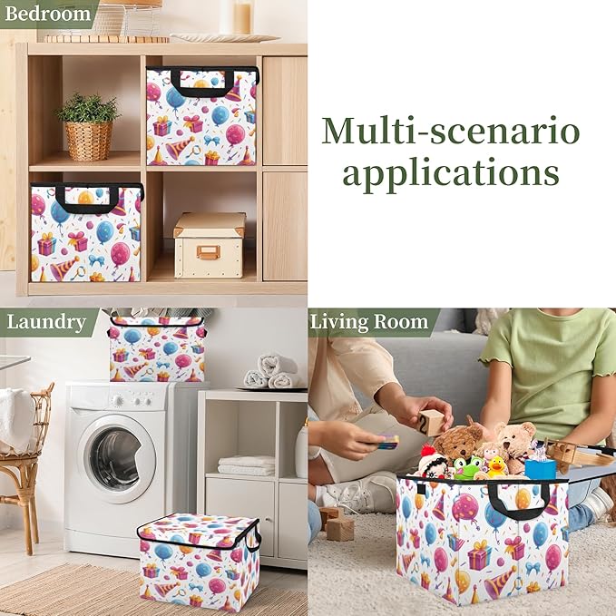 Happy Birthday Storage Basket with Lid Birthday Theme Foldable Storage Box Fabric Storage Bins with Carrying Handles for Home Bedroom Closet Organization