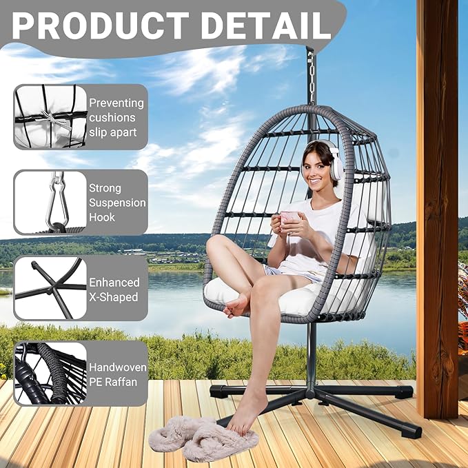 LEVELEVE Egg Chair with StandPatio Rattan Wicker Hanging Swing Egg Chair Hammock Chair for Bedroom Porch GardenThickened Aluminum Alloy Steel Frame and UV Resistant Cushion350LBS Capacity