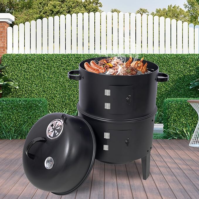 16 inch Vertical Charcoal Smoker Mini BBQ Grill Fire Pit 3-in-1 with Built-in Thermometer Adjustable Air Vent Idea for Parties Backyard Patio Camping