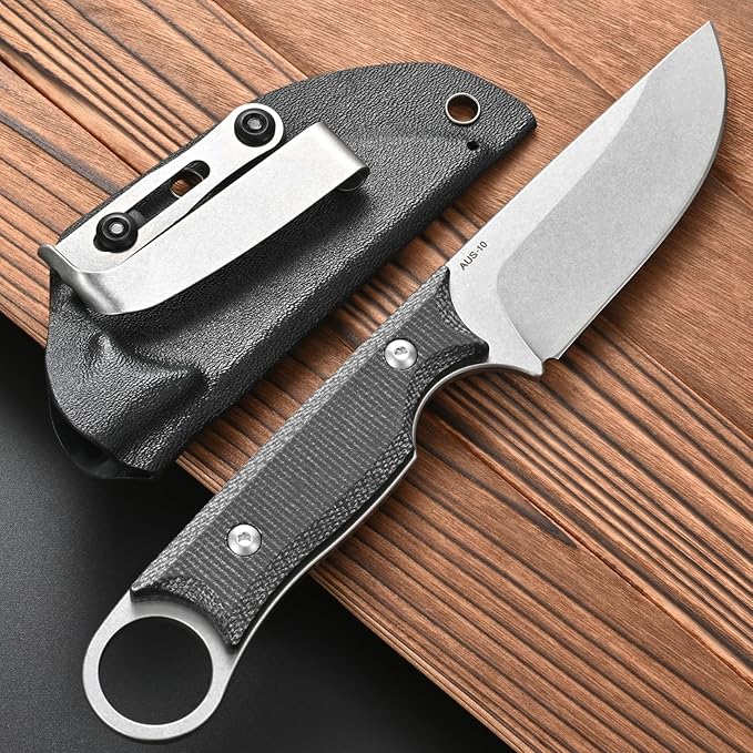 FF103 Fixed Blade Knife AUS-10 Steel Blade Micarita Handle Full Tang Knife for Outdoor Camping Hunting Fishing Working(Black)