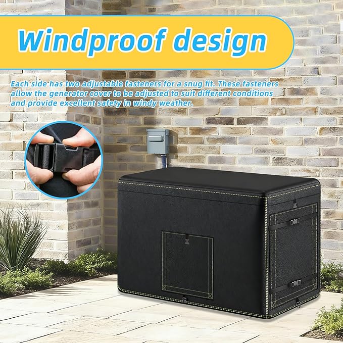 Generator Cover 600D Polyester Heavy-Duty Waterproof Generator Cover for 7.5–22kW Home Standby Generators — Windproof Zippered/Elastic Hem Design Black