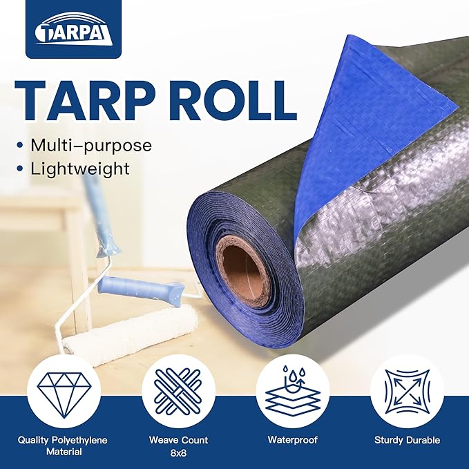 TARPAL 3x200 Feet Tarp Roll 5mil Waterproof Tarps polyethylene Multipurpose Tarp Cover Dustproof Tear Resistant for Decoration Painting Home use（Green/Blue）