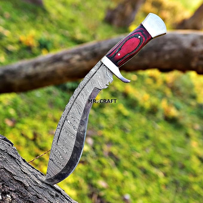 MR. CRAFT Custom Handmade Traditional Kukri Damascus Steel Fixed Blade Knife With Sheath Full Tang Heavy Duty Camping Knives - Gifts for Men (Red &amp Black Wood)