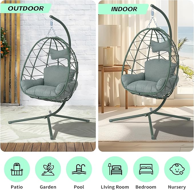 Hanging Egg Chair with Stand Outdoor Indoor Patio Rattan Swing Hammock Chairs with Washable Cushion PE Wicker Swing Chair for Backyard Bedroom Garden (Dark Green + Dark Green Cushion No Footrest)