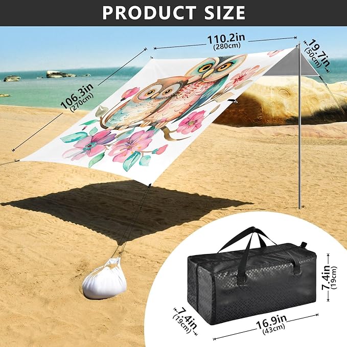 ALAZA Cute Owl Flowers Beach Tent Sun Shelter UPF50+ Protection Beach Shade Canopy w/ 4 Sandbags for Outdoor Camping Fishing Backyard Fun Picnic 10x9 ft