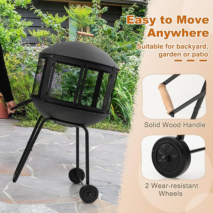 Giantex 28 Portable Fire Pit on Wheels Outdoor Mobile Wood Burning Firepit w/Log Grate Fire Poker Heavy-Duty Steel Frame &amp Solid Metal Top 2-Door Gate Rolling Fire Pits for Entertaining Camp