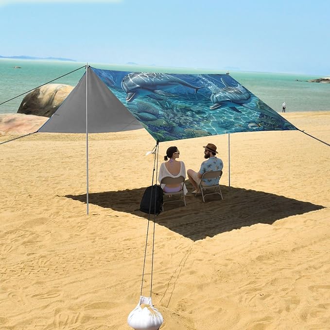 ALAZA Tropical Dolphins Island Beach Tent Sun Shelter Portable Canopy Sunshade for Outdoor Camping Picnics Backyard Fun 10x9 ft