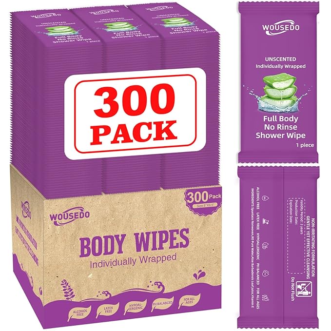 300 Pack Body Wipes Individually Wrapped(8 x 9.5)Shower Wipes for Adults Bathing No RinsePersonal Cleansing Wipes for Travel GymBulk Deodorant for Homeless