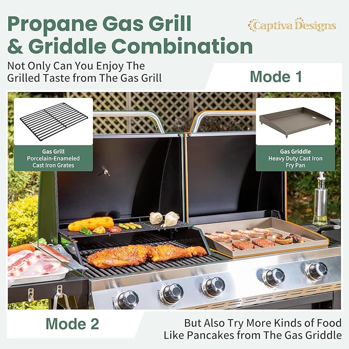 Captiva Designs Propane Gas Griddle Grill Combo with Porcelain-Enameled Cast Iron Grate &amp Cast Iron Pan Dual BBQ Grill With Flat Top Griddle for Outdoor Kitchen &amp Backyard Barbecue696 SQIN C