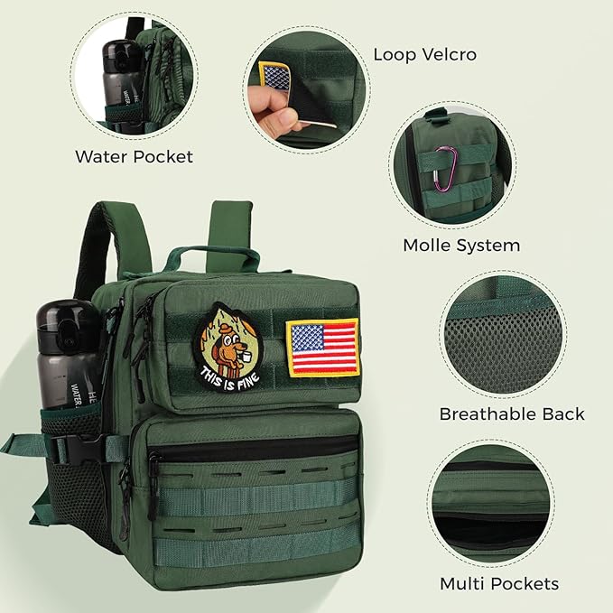 9L Mini Tactical Backpack for Men WomenSmall Military Tactical Backpack for SportGymHikingTravelCamping (Army Green)