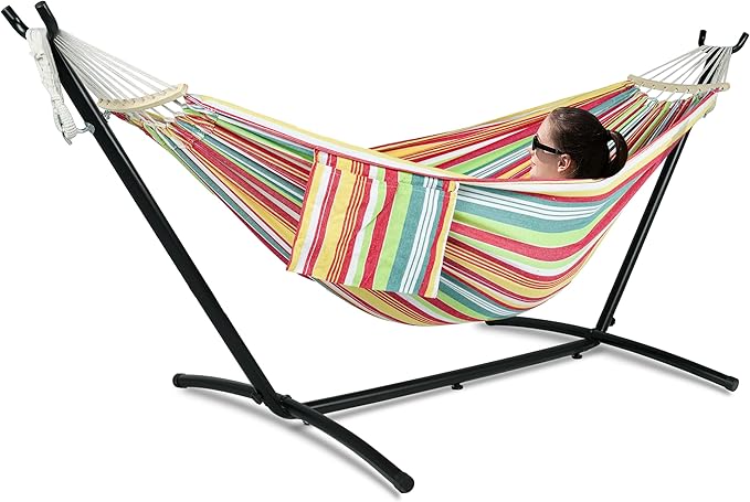 Gafete Double Hammock with Stand for Outside Upgraded Spreader Bar Heavy Duty Space Saving Steel Stand 2 Person Side Pockets Easy Assembly 600lbs Weight Capacity Indoor &amp Outdoor (Salsa Oran