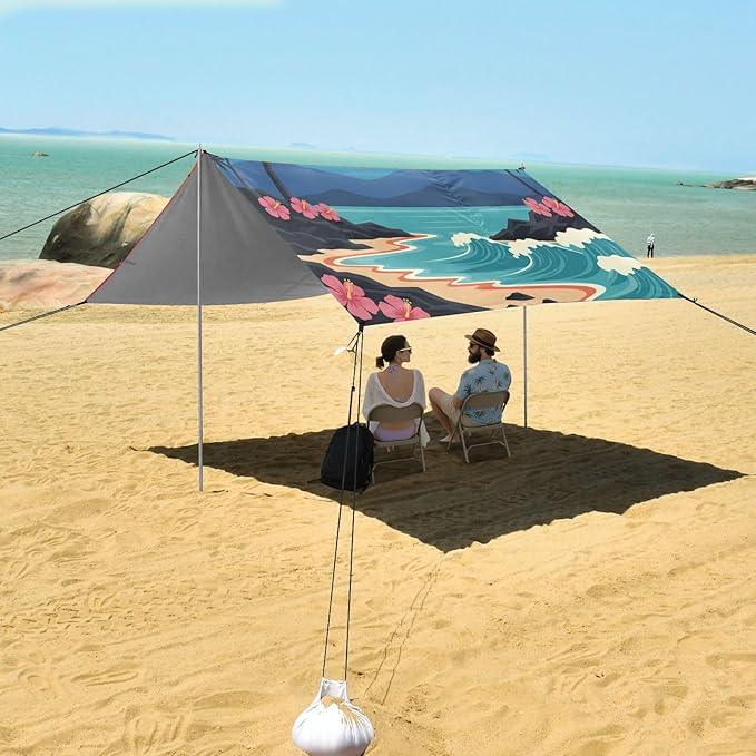 xigua Sunset Beach Tent Sun Shelter with Carrying Bag - Silver Coated Oxford Fabric Beach Canopy for Beach Camping Fishing - Includes Windproof Ropes Sandbags &amp Stakes