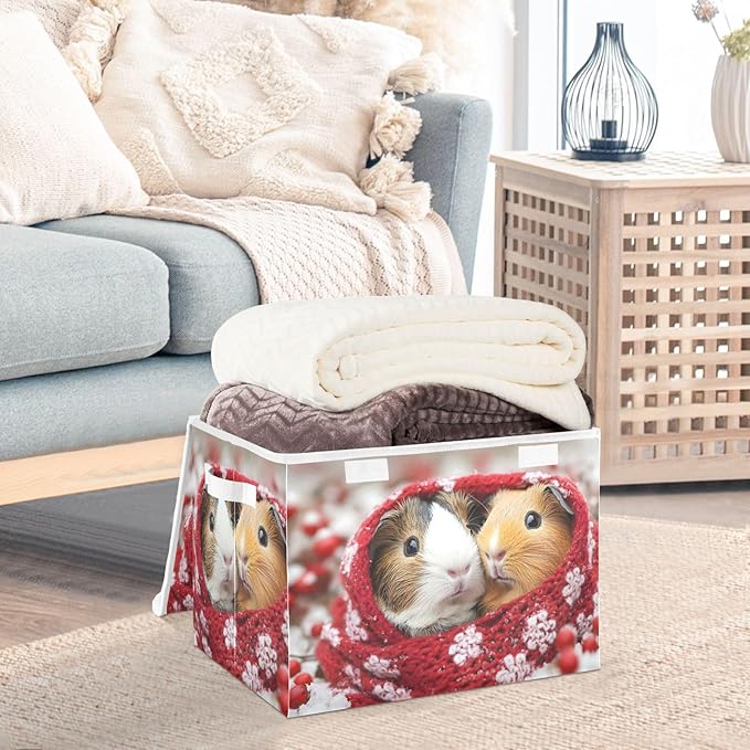 AIXIWAWA Lidded Storage Cube (Winter Guinea Pigs) Fabric Foldable Closet Bins with Flip Lid and Handles Organizer Basket Container 16.5 x 12.6 x 11.8 IN