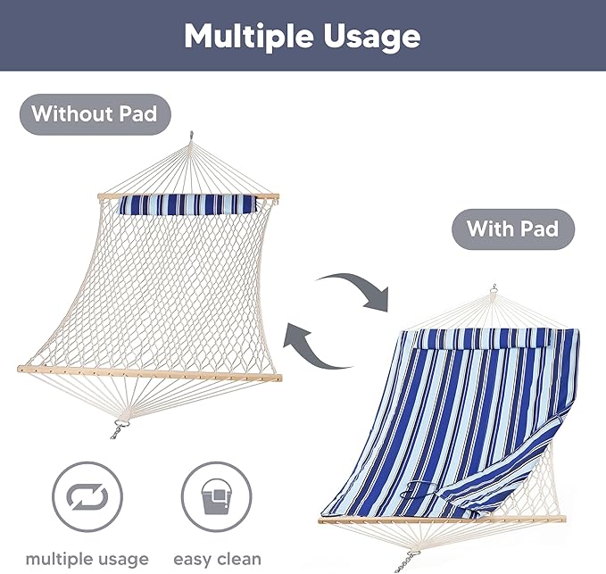 SUNCREAT 2 Person Hammock with Hardwood Spreader Bar Outdoor Rope Hammock with Polyester Pad 475 lbs Capacity Blue Stripes
