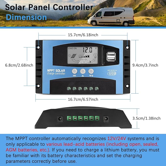 100A MPPT Solar Charger Controller 12V/24V Auto Intelligent Regulator with LCD Display/Dual USB Port/Adjustable Parameter/3 Load Modes Fit for Lead-Acid Lithium-Ion and Lithium Iron Phosphate Battery