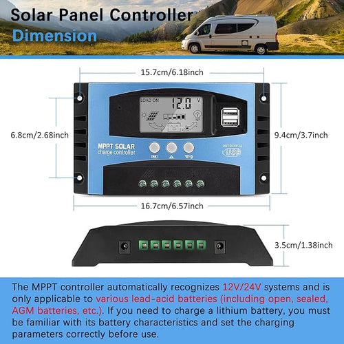 100A MPPT Solar Charger Controller 12V/24V Auto Intelligent Regulator with LCD Display/Dual USB Port/Adjustable Parameter/3 Load Modes Fit for Lead-Acid Lithium-Ion and Lithium Iron Phosphate Battery