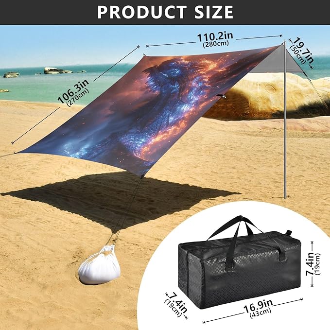 ALAZA Magic Dragon Beach Tent Sun Shelter UPF50+ Protection Beach Shade Canopy w/ 4 Sandbags for Outdoor Camping Fishing Backyard Fun Picnic 10x9 ft