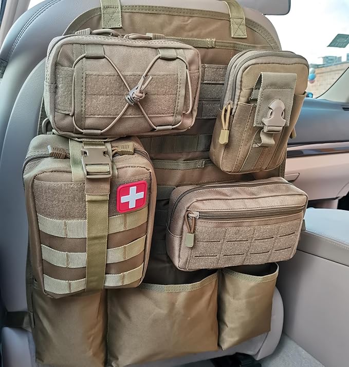 Molle Seat Back Organizer Tactical Car Seat Cover Organizer Panel with Pouches Molle Universal Vehicle Panel (TAN)