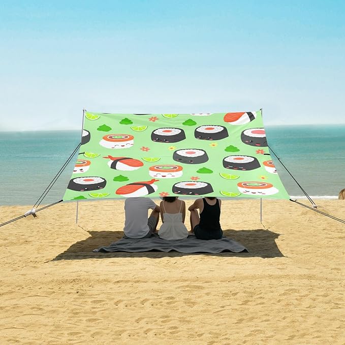 xigua Sushi Beach Tent Sun Shelter with Carrying Bag - Silver Coated Oxford Fabric Beach Canopy for Beach Camping Fishing - Includes Windproof Ropes Sandbags &amp Stakes