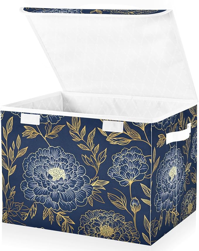 susiyo Large Foldable Storage Bin with Flip-Top Lid Dark Blue Gold Marigold Storage Box Collapsible Closet Organizer Containers Boxes Decorative Baskets with Handles for Home Bedroom Living Room Offi