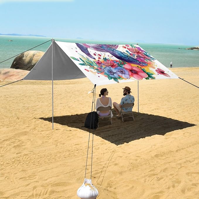 ALAZA Whale and Flower Beach Tent Sun Shelter UPF50+ Protection Beach Shade Canopy w/ 4 Sandbags for Outdoor Camping Fishing Backyard Fun Picnic 10x9 ft
