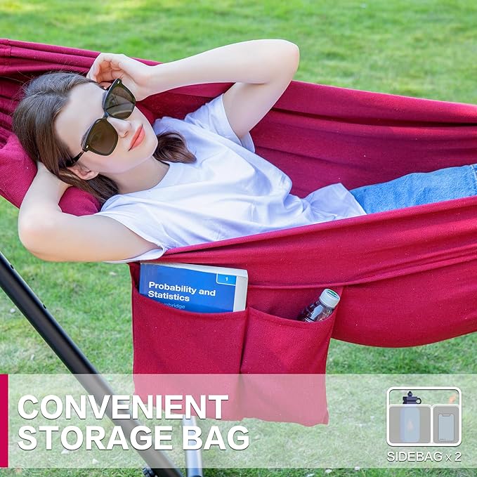PNAEUT Double Hammocks with Stand for Outside Portable Space Saving Heavy-Duty Steel Stand for Indoor Outdoor Patio with Carrying Bag 450 lbs Capacity (Cherry)