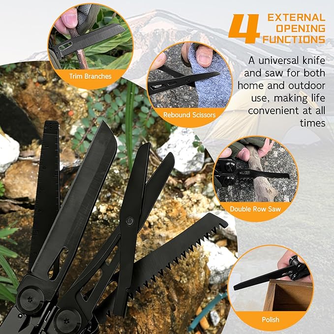 28-in-1 Multitool Pliers with ScissorsSaw ScrewdriversRope CuttersCan OpenerFileCarrying PouchStainless Steel Pocket Multi-Tool Ideal for Camping Survival Toolkit and Gift for him (Black)