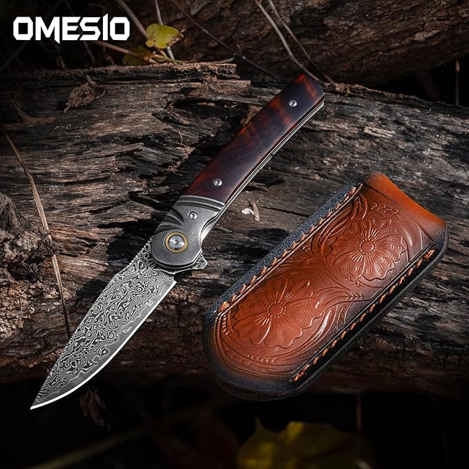 Omesio Damascus Folding Pocket Knife 3.27 Damascus Steel Blade Rosewood Handle EDC Knife with Clip &amp Sheath for Camping Hiking Outdoor Gifts for Men Women