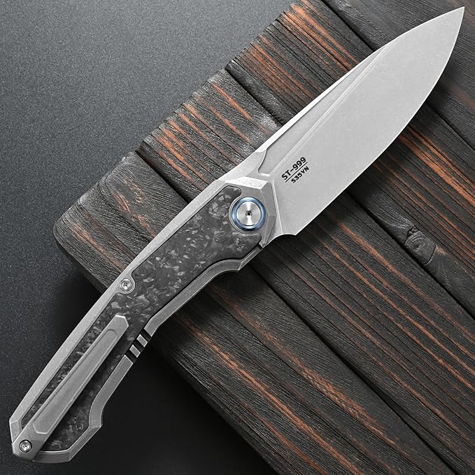 Sitivien ST999 Folding KnifeS35VN Steel Blade with Titanium and Carbon Fiber Handle Liner LockEDC Knife with pocket clip for Outdoor Camping Survival Hiking(Gray)