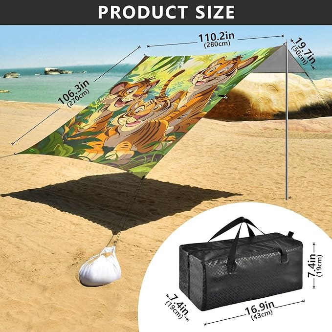 ALAZA Colorful Cartoon Jungle Tigers Beach Tent Sun Shelter Portable Canopy Sunshade for Outdoor Camping Picnics Backyard Fun 10x9 ft