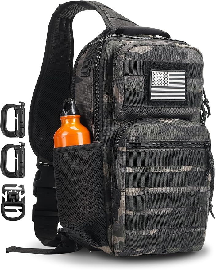 Rover Sling Pack Tactical Shoulder Sling Bag Backpack with Bottle Holder Crossbody Chest Bag Black Camo