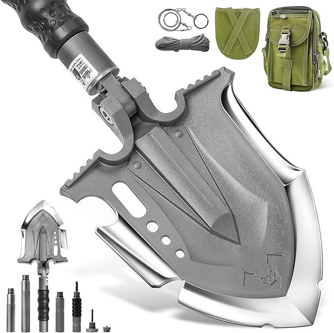 Zune Lotoo Survival Shovel Multitool 28 in 1 Luxury Kit Tactical Camping Folding Shovel Unbreakable Martensitic Steel Adjustable 7 Angles 24-35.4'' Length Compact Gear for Outdoor Hiking Emergency