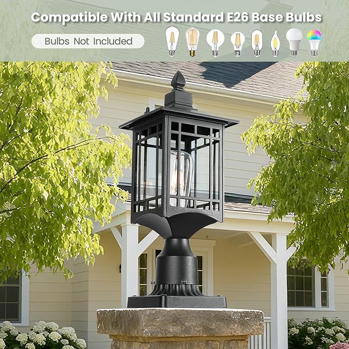Outdoor Post Light17in Matte Black Lamp Post Light Fixture Waterproof Aluminum Housing with GlassOutdoor Lighting Pole Lantern for Outside Yard Patio Pathway Garden Deck Hard Wired