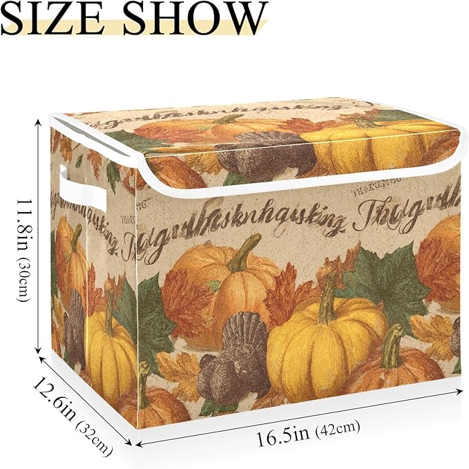 Collapsible Storage Bins with Lids Decorative Fabric Storage Cubes Closet Organizer and Storage Basket Boxes Containers for Clothes Box Chest Nursery Folding Rectangle Brown Pumpkin Turkey