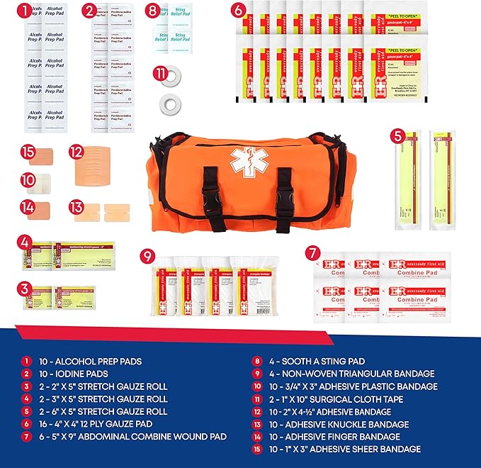 First Responder Trauma First Aid Kit Bag – Fully Stocked Emergency Medical Kit for Workplace Vehicle &amp Home – OSHA &amp ANSI Compliant – Portable – Orange