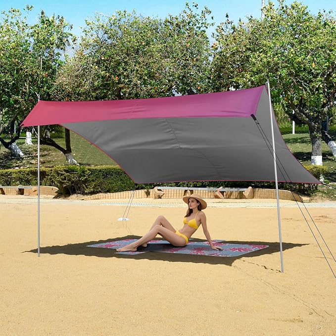 Purple Red Gradient Beach Cabana Tent UPF50+ Protection Waterproof Sun Shelter with Sandbags &amp Sand Shovel for Camping Picnics Backyard &amp Fishing