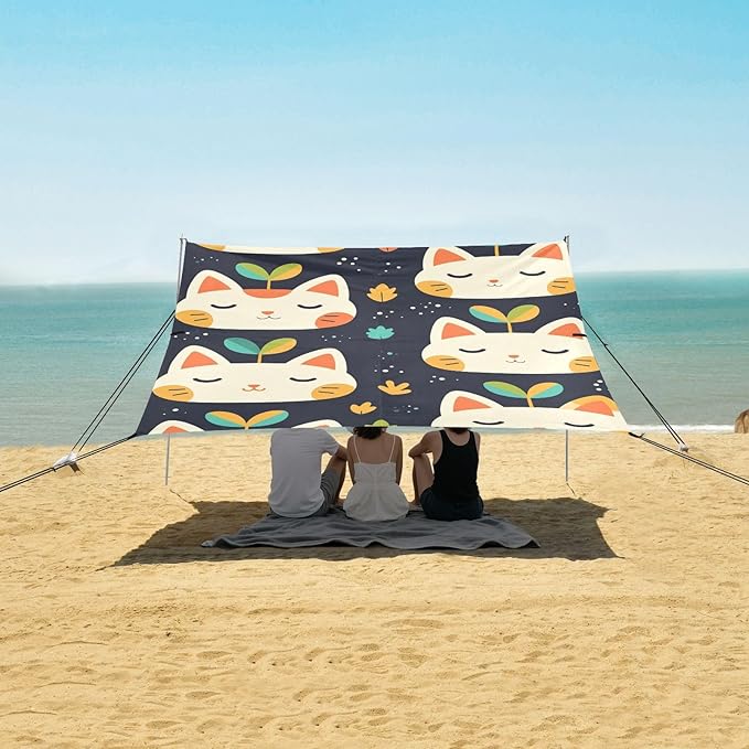 Cute Cats Face with Grass Foldable Beach Canopy UPF50+ Waterproof Shade Sun Shelter with Sandbags &amp Sand Shovel for Camping Picnics Backyard &amp Fishing