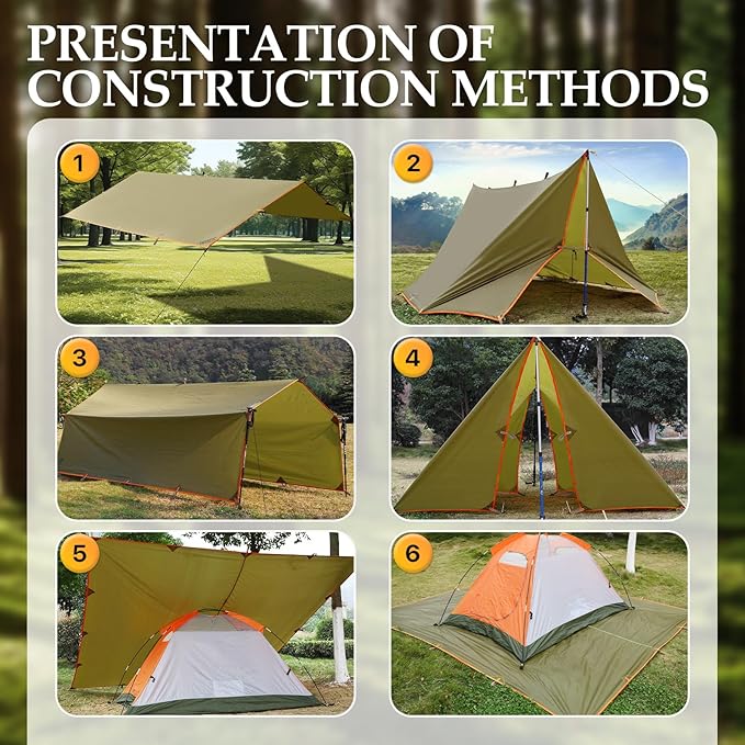 Camping Tarp Tent Portable Multifunctional Bushcraft Backpacking Tear-Resistant Fabric Rain Fly Tarps Awning Shelter Lightweight Waterproof Tarp(10×10 tarp)